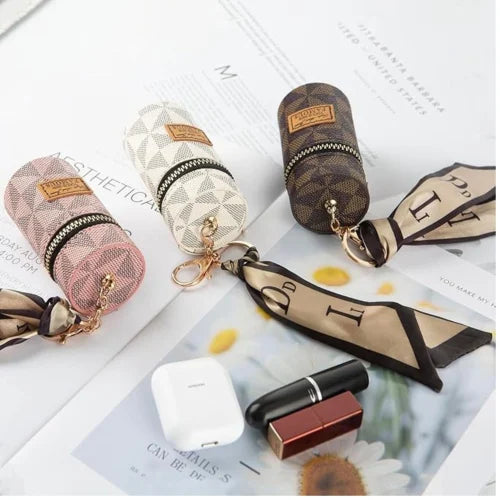 Luxury Leather Lipstick Organizer Keychain Bag with Decorative Scarf