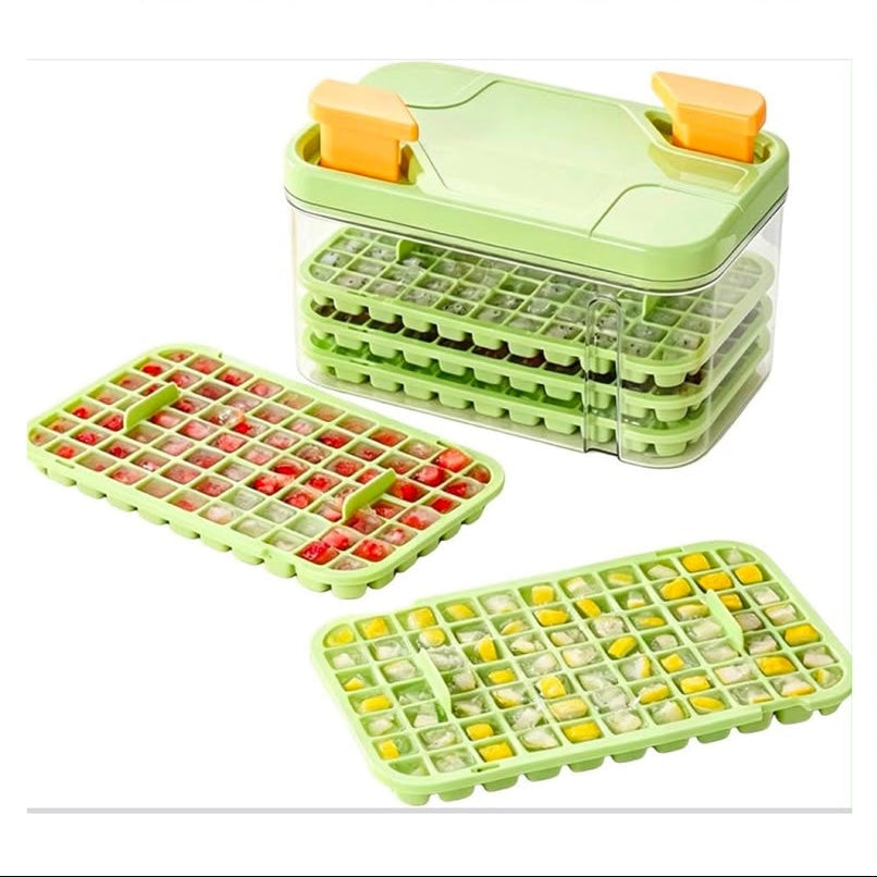 A collage showing a green and clear plastic food storage tray with orange handles, demonstrated by hands in a kitchen-like setting. The collage includes close-ups of the tray stacked, dimensions printed on one panel, and the tray holding colorful food pieces.