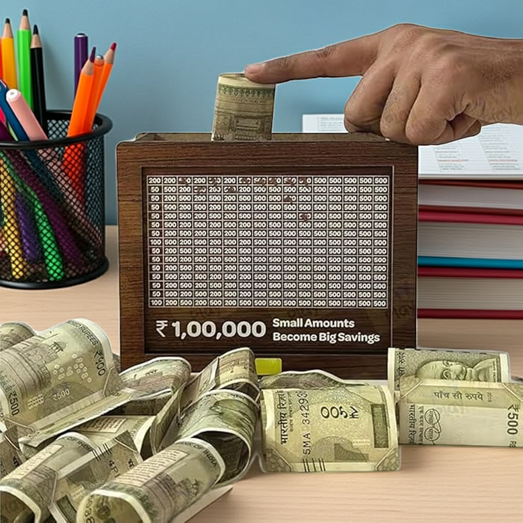 1 Lakh Savings Challenge Wooden Piggy Bank with Target Tracker.