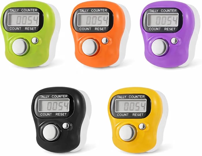 Five digital tally counters in different colors (green, orange, purple, black, and yellow) arranged in two rows on a plain white background.