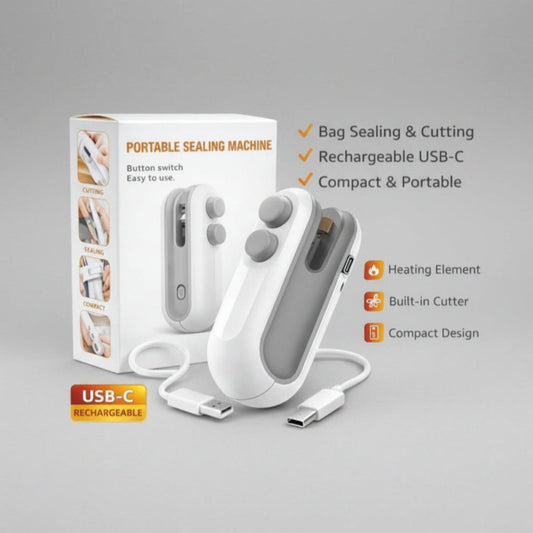 A portable USB-C bag sealing and cutting machine shown with its retail box on a white background, accompanied by feature callouts text.