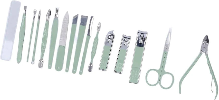A 15-piece manicure and nail care set with mint green handles and silver stainless steel blades, arranged neatly on a white background.