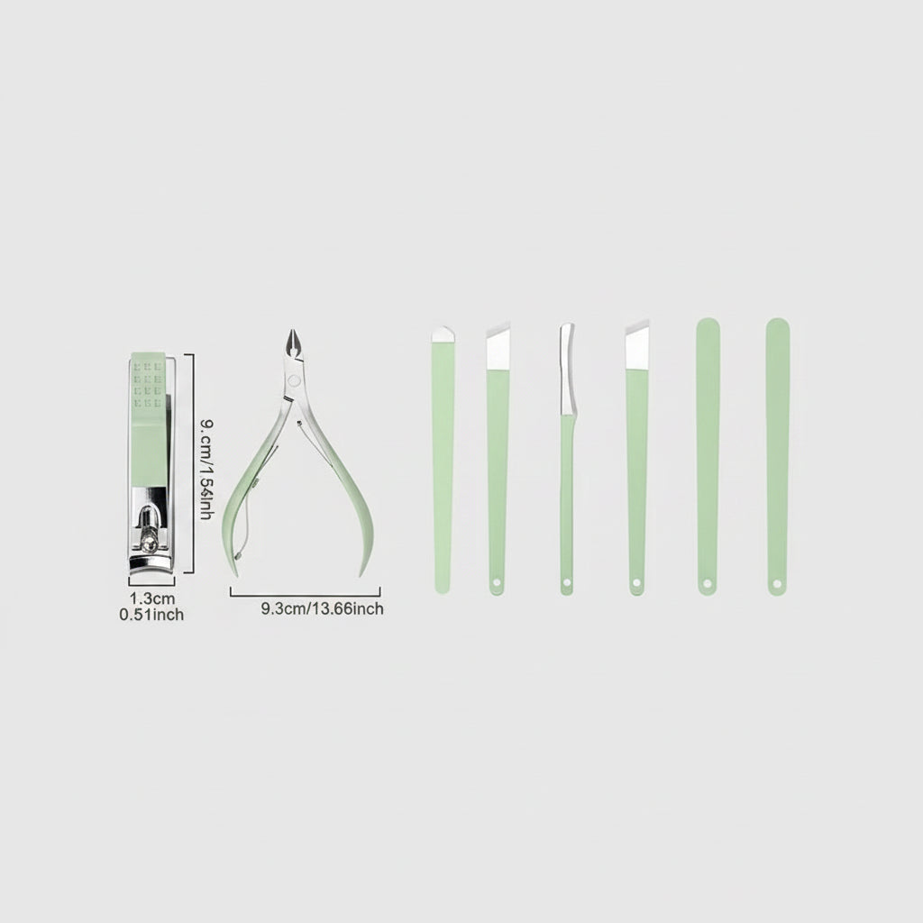 A foot care tool set shown in a six-panel grid with measurements and close-up usage examples. The set includes a mint green and silver nail clipper, cuticle trimmer, nail file, and push nail tool, with text labels indicating dimensions and foot care use.