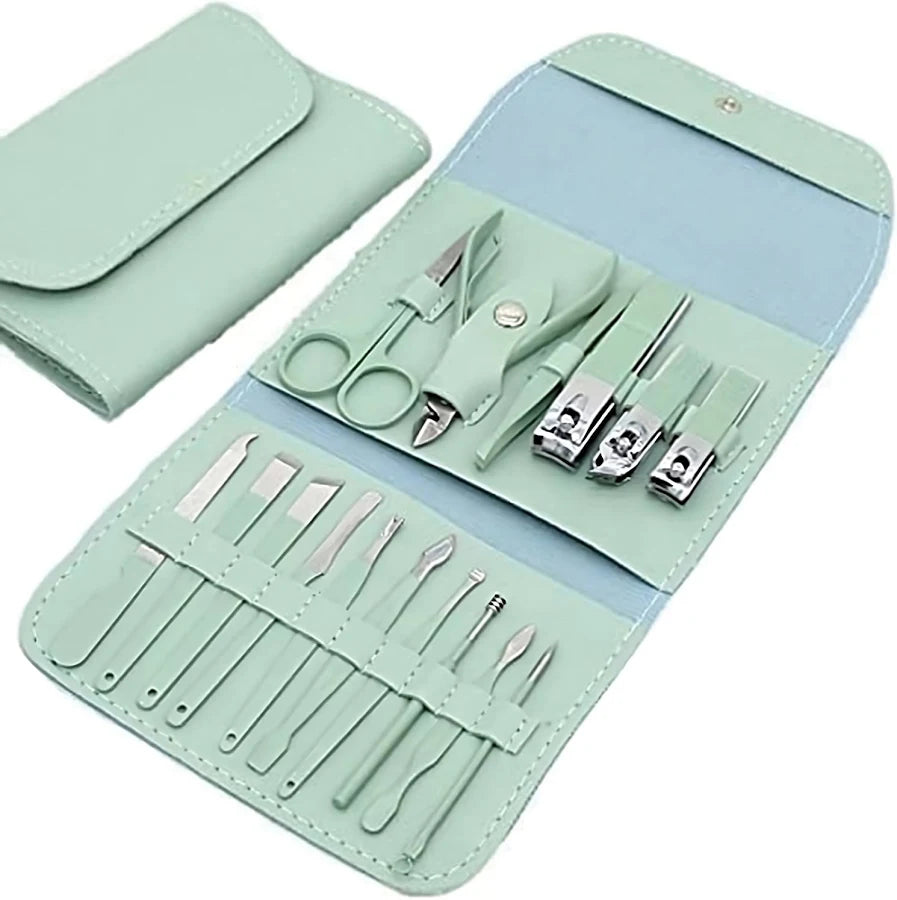 Manicure set with tools in a green case on a white background