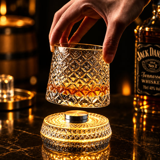 A hand holds a cut-crystal whiskey tumbler above a matching crystal base on a dark tabletop, with warm amber liquid inside the tumbler and a blurred bar-like background.
