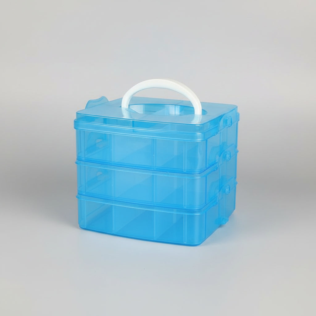 Blue storage box with handle and compartments, featuring text on material quality and features.