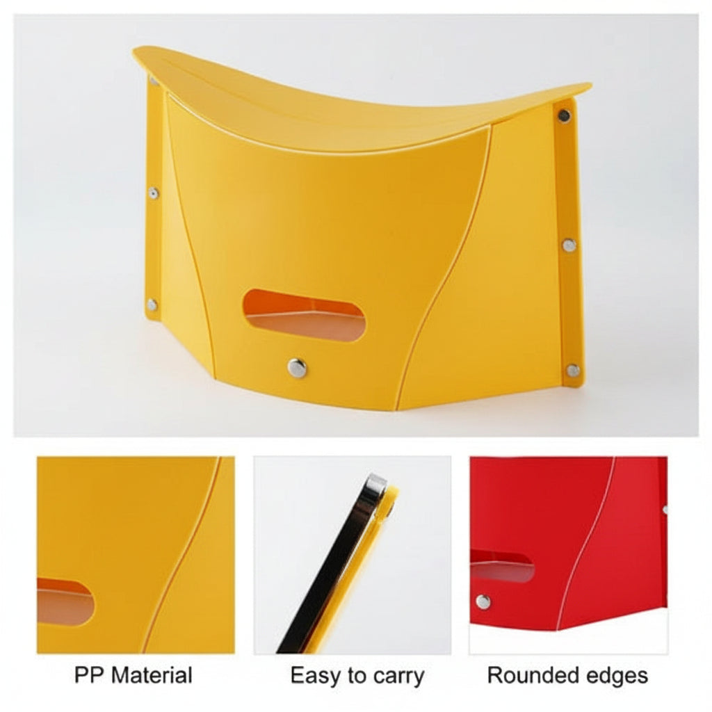 Yellow curved plastic storage shelf or organizer panel with rounded corners and a cutout handle opening, shown on a white background with three feature callout panels below reading PP Material, Easy to carry, and Rounded edges.