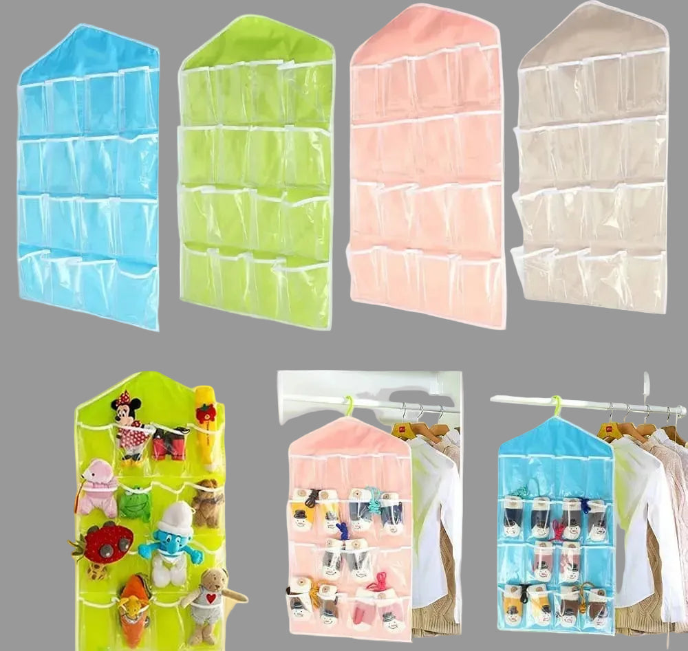 Four hanging plastic organizer pockets shown in different colors on a white background, plus three lifestyle photos of the organizers hanging on closet doors with toys and clothing inside.
