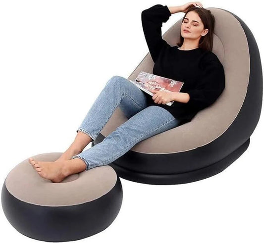 Premium Inflatable Lounge Chair with Footrest Ottoman – Soft Velvet Flocked Recliner Sofa Chair.