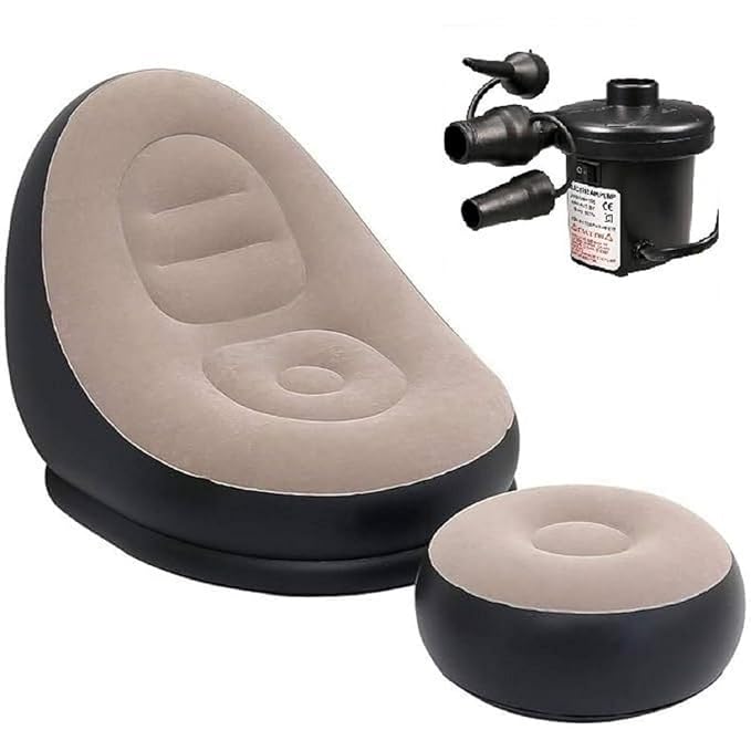 Premium Inflatable Lounge Chair with Footrest Ottoman – Soft Velvet Flocked Recliner Sofa Chair.
