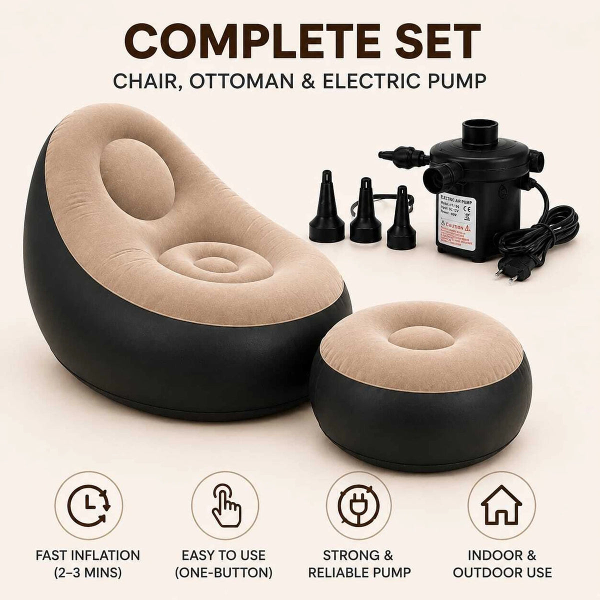 Premium Inflatable Lounge Chair with Footrest Ottoman – Soft Velvet Flocked Recliner Sofa Chair.