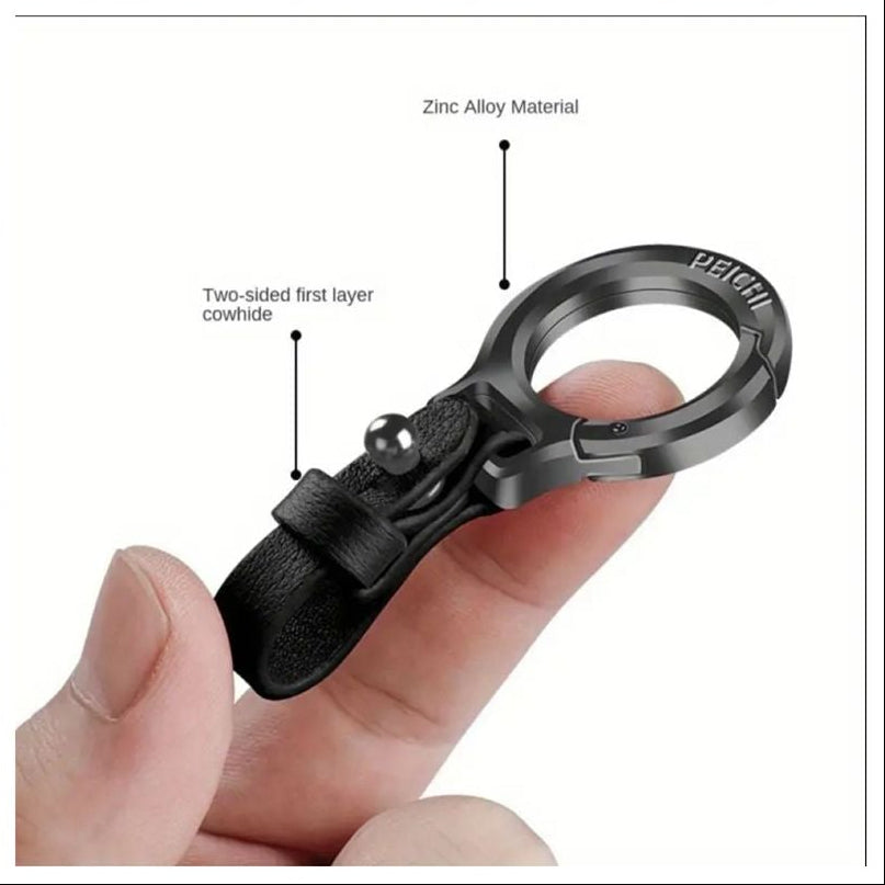 A collage showing a keychain lock attachment in multiple views and color options. The product is a metal ring clip with a strap and a small keychain attached.