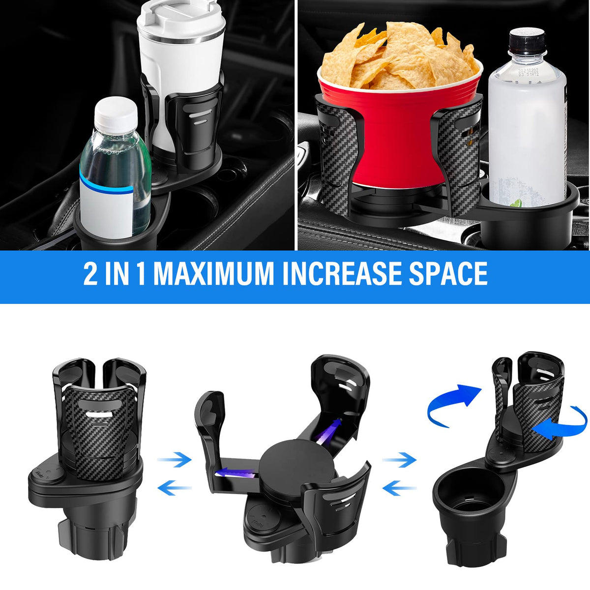 2-in-1 Multifunctional Car Cup Holder Expander & Adjustable Drink Organizer.
