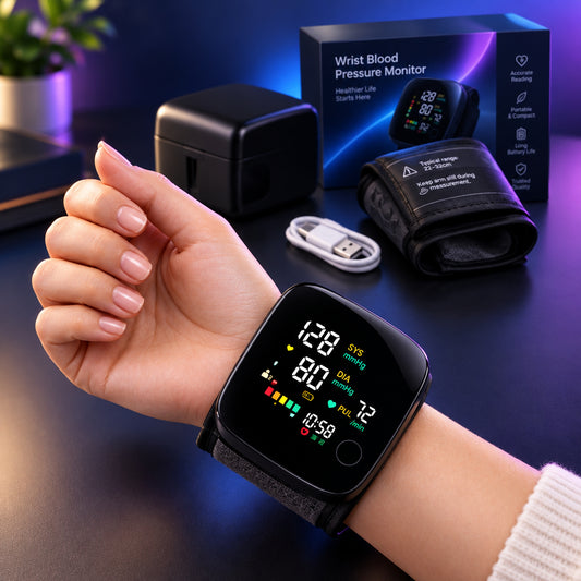 Blood pressure monitor on a wrist with packaging and accessories on a white background