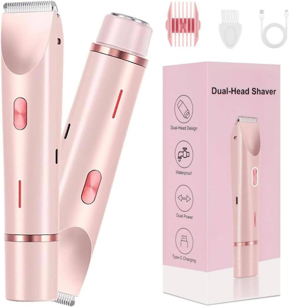 Pink dual-head shaver with packaging and accessories on a white background