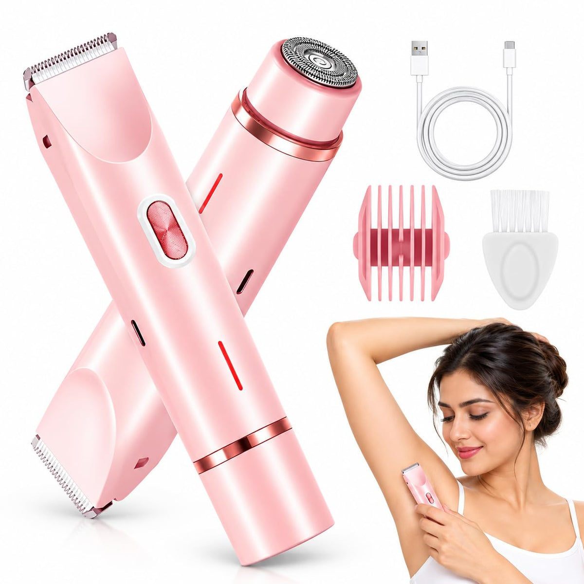 Pink electric hair trimmer shown with a USB charging cable, comb guard, and cleaning brush, plus a woman demonstrating use under her arm.