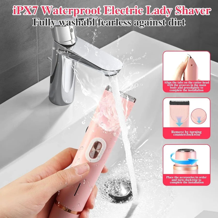 Pink electric lady shaver being rinsed under running water with text about its waterproof feature.