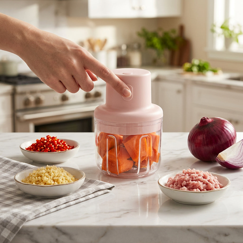 A pink electric food chopper with a clear container is being pressed by a hand on a wooden table, surrounded by bowls of chopped ingredients including red chili, minced garlic, pink meat, and a red onion.