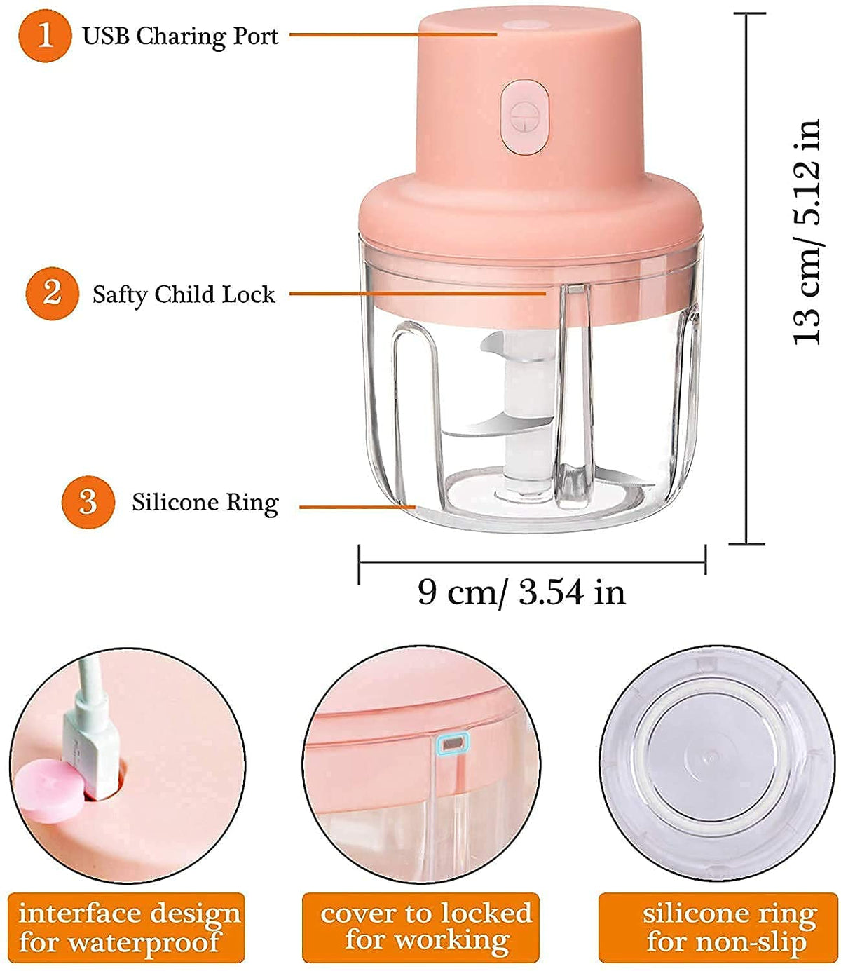Pink handheld chopper with features labeled and dimensions displayed