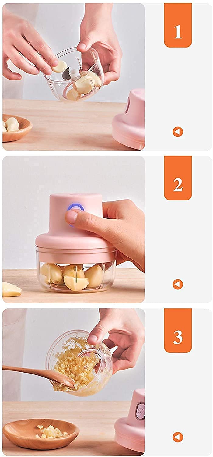 Three-step instructional graphic showing a pink manual food chopper in use. Step 1 shows hands adding garlic cloves to a small clear bowl.