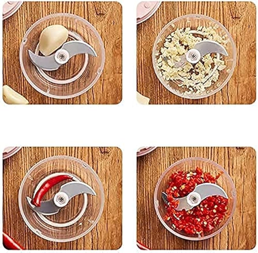 Four-panel demonstration of a small clear plastic food chopper bowl with silver blades on a wooden surface, showing garlic, minced garlic, a red chili pepper, and chopped red chili paste.