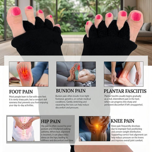 Black toe separators with foot pain relief information on a white background
