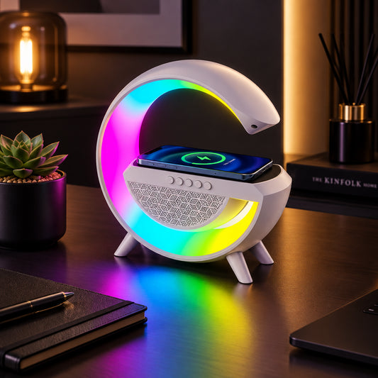 White moon-shaped device with colorful and smartphone on a white background