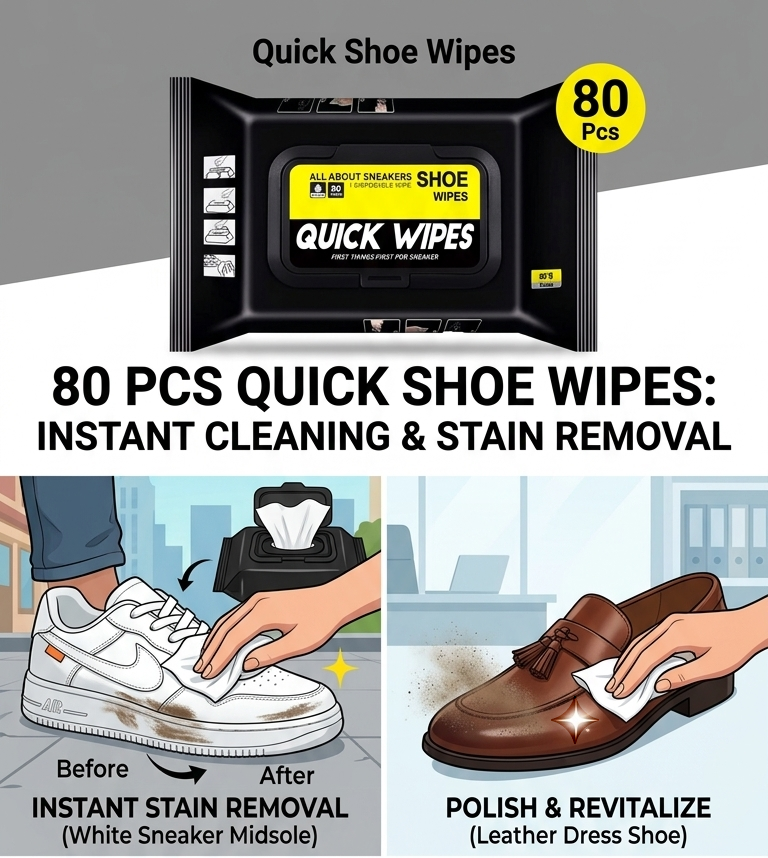 Promotional graphic for Quick Shoe Wipes showing a black dispenser box with a yellow label, plus four illustrated panels demonstrating stain removal and polish revival on sneakers, dress shoes, clogs, and heels. Text reads '80 PCS QUICK SHOE WIPES: INSTANT CLEANING AND STAIN REMOVAL' and includes a shop-now URL.