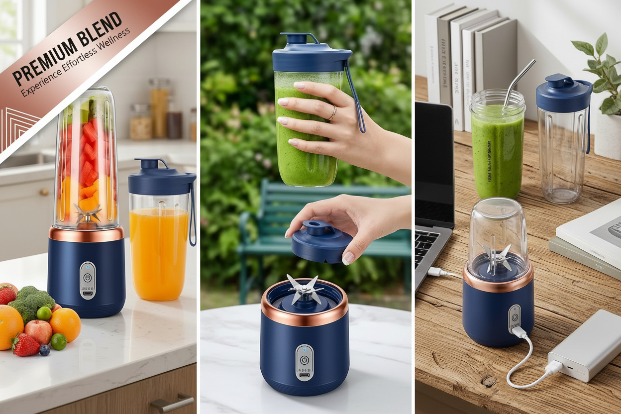 A three-panel collage showing a portable electric blender in use. The left panel shows the blender blending fruit and juice on a kitchen counter.