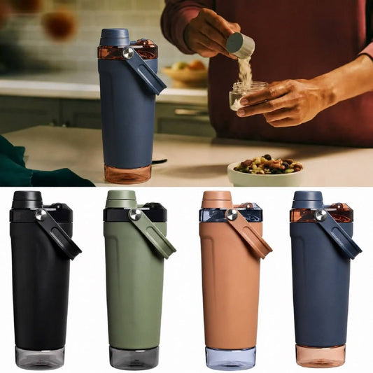 600ml Insulated Stainless Steel Gym Shaker Bottle with Base Storage Compartment & Leak-Proof Lid.