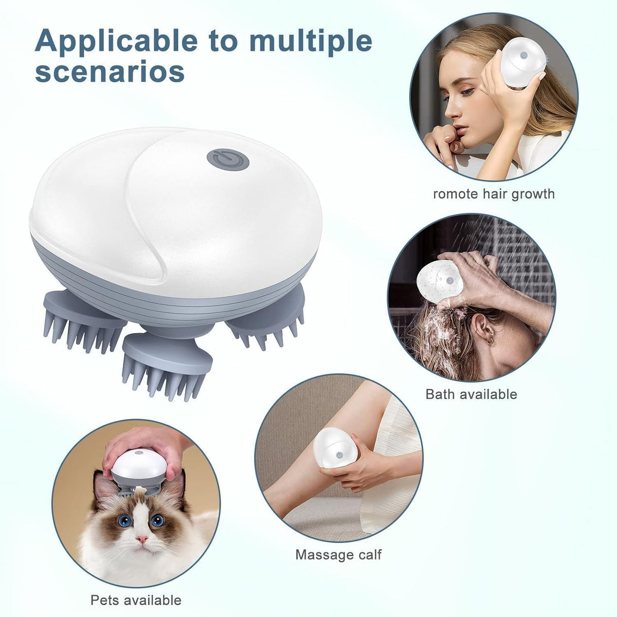 Grooming tool with various uses including remote hair growth, bath, massage, and pet care.