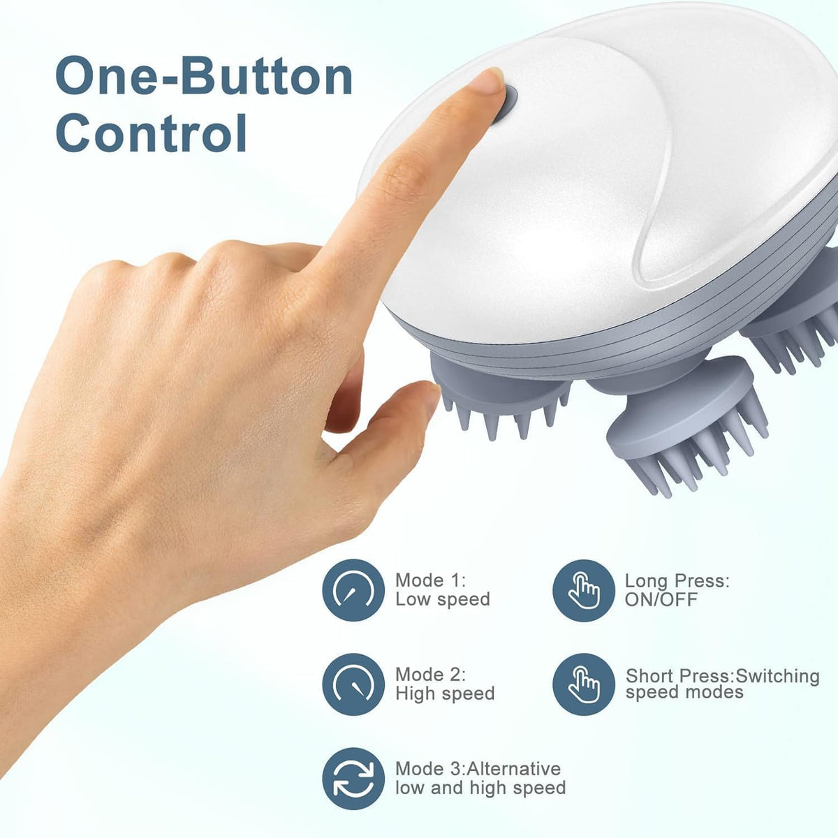 Hand using a handheld massager with one-button control features displayed.