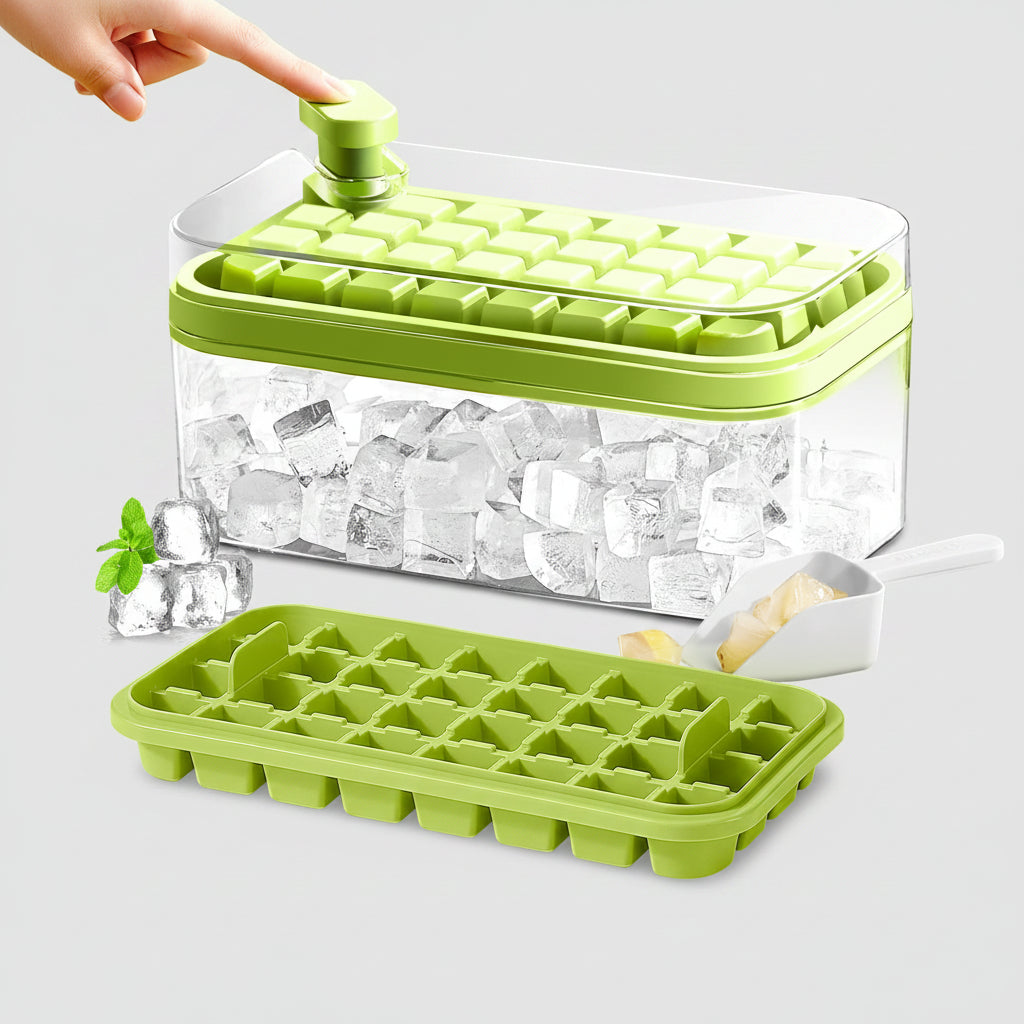 Green ice cube tray with clear container filled with ice cubes on a white background