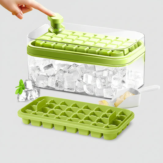 Green ice cube tray with clear container filled with ice cubes on a white background