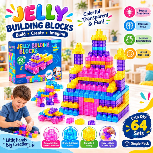 40 Pcs Soft Jelly Building Blocks Set – Colorful Translucent & Squishy Sensory STEM Toys for Kids.