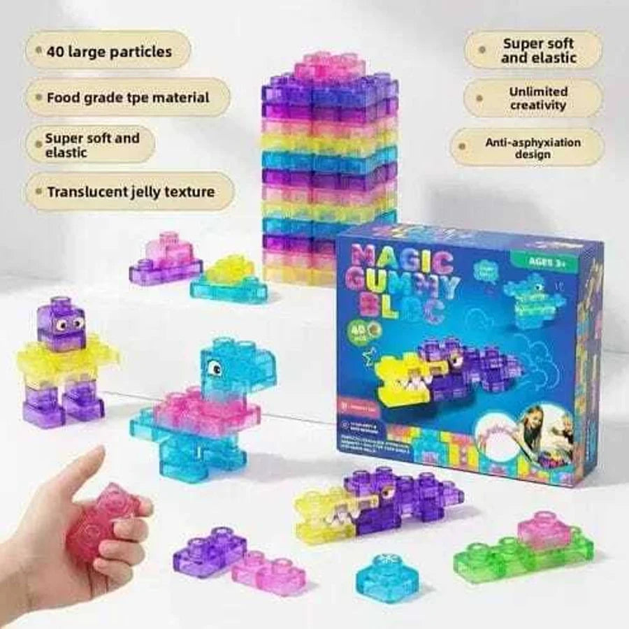 40 Pcs Soft Jelly Building Blocks Set – Colorful Translucent & Squishy Sensory STEM Toys for Kids.