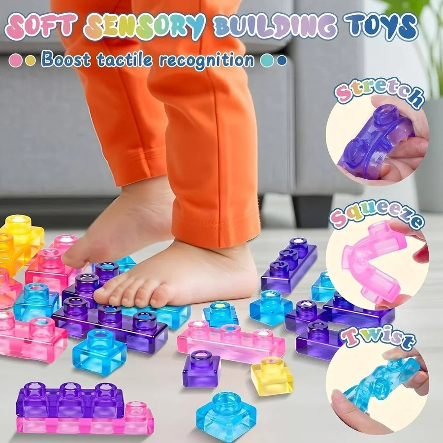 40 Pcs Soft Jelly Building Blocks Set – Colorful Translucent & Squishy Sensory STEM Toys for Kids.