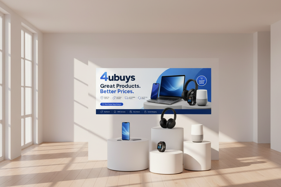 A large promotional banner for 4ubufs hangs on a wall in a bright, modern room with tall windows and light wood floors. The banner features blue and white graphics with an image of a laptop, headphones, and a smart speaker.