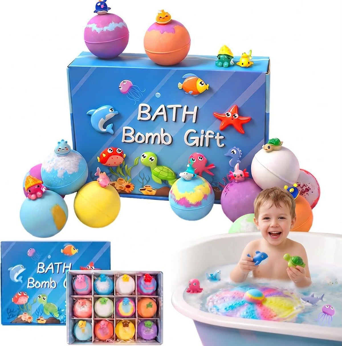 Organic Surprise Bath Bombs for Kids (Set of 12) – Colorful Fizzy Bubble Bath Balls with Ocean Animal Toys.