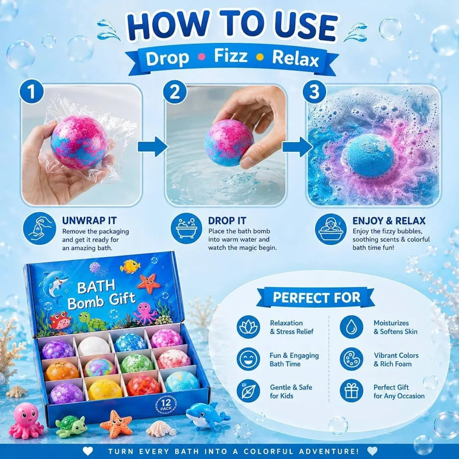 Organic Surprise Bath Bombs for Kids (Set of 12) – Colorful Fizzy Bubble Bath Balls with Ocean Animal Toys.