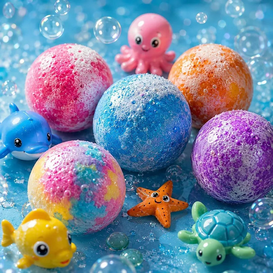 Organic Surprise Bath Bombs for Kids (Set of 12) – Colorful Fizzy Bubble Bath Balls with Ocean Animal Toys.