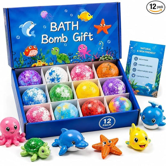 Organic Surprise Bath Bombs for Kids (Set of 12) – Colorful Fizzy Bubble Bath Balls with Ocean Animal Toys.