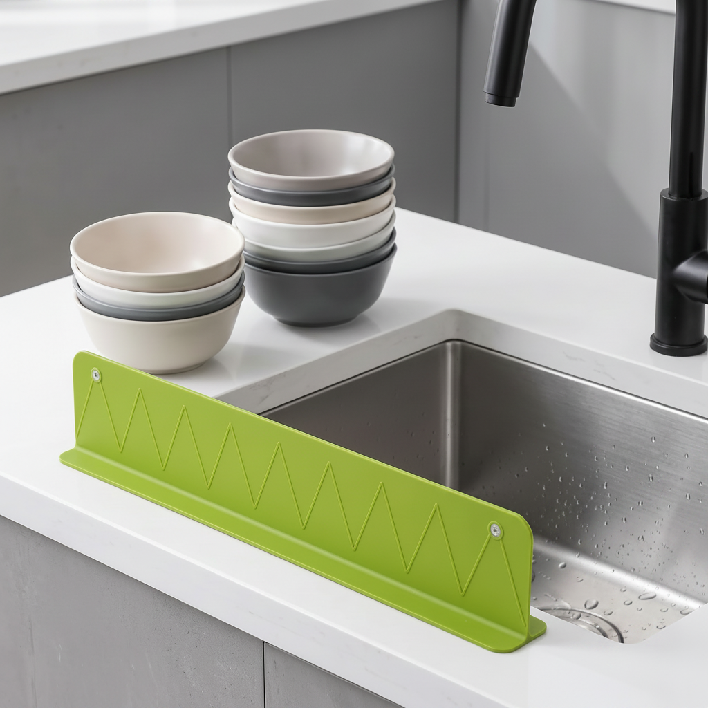 A bright green kitchen sink splash guard with a zigzag pattern, mounted on a white countertop next to a stainless steel sink. Stacked ceramic bowls are visible in the background on the counter.