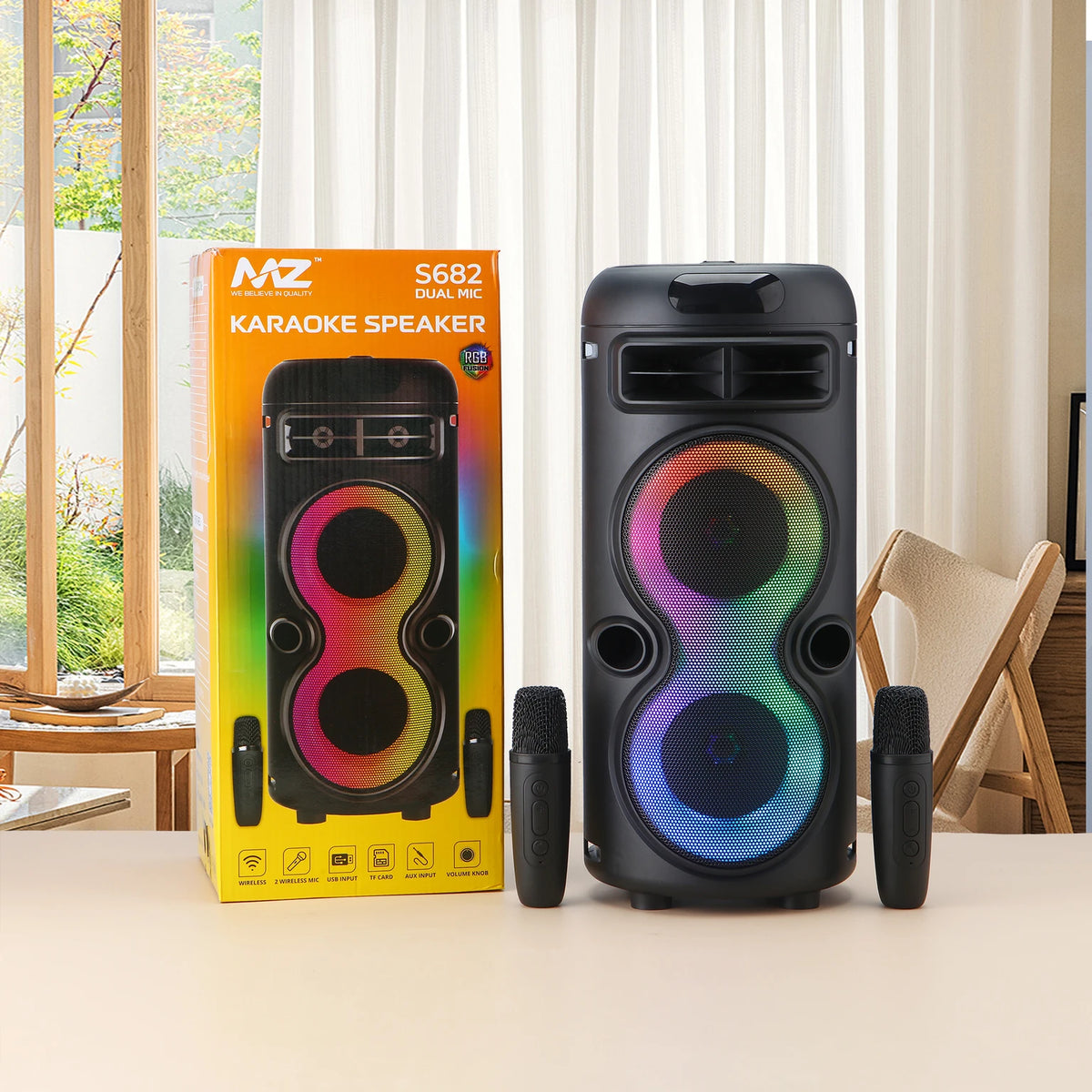 Wireless Dual Mic Karaoke Party Speaker – Portable Heavy Bass Bluetooth Soundbox with Dynamic RGB Lights