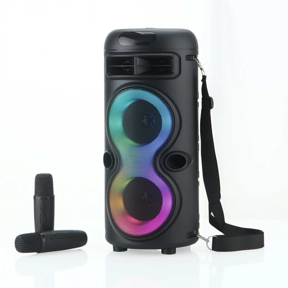 Wireless Dual Mic Karaoke Party Speaker – Portable Heavy Bass Bluetooth Soundbox with Dynamic RGB Lights