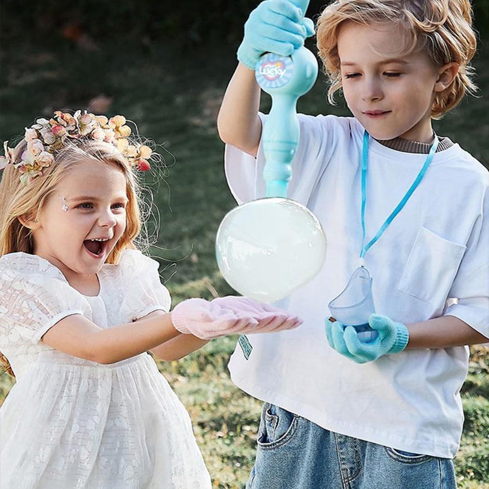 Two children playing with bubble solution outdoors