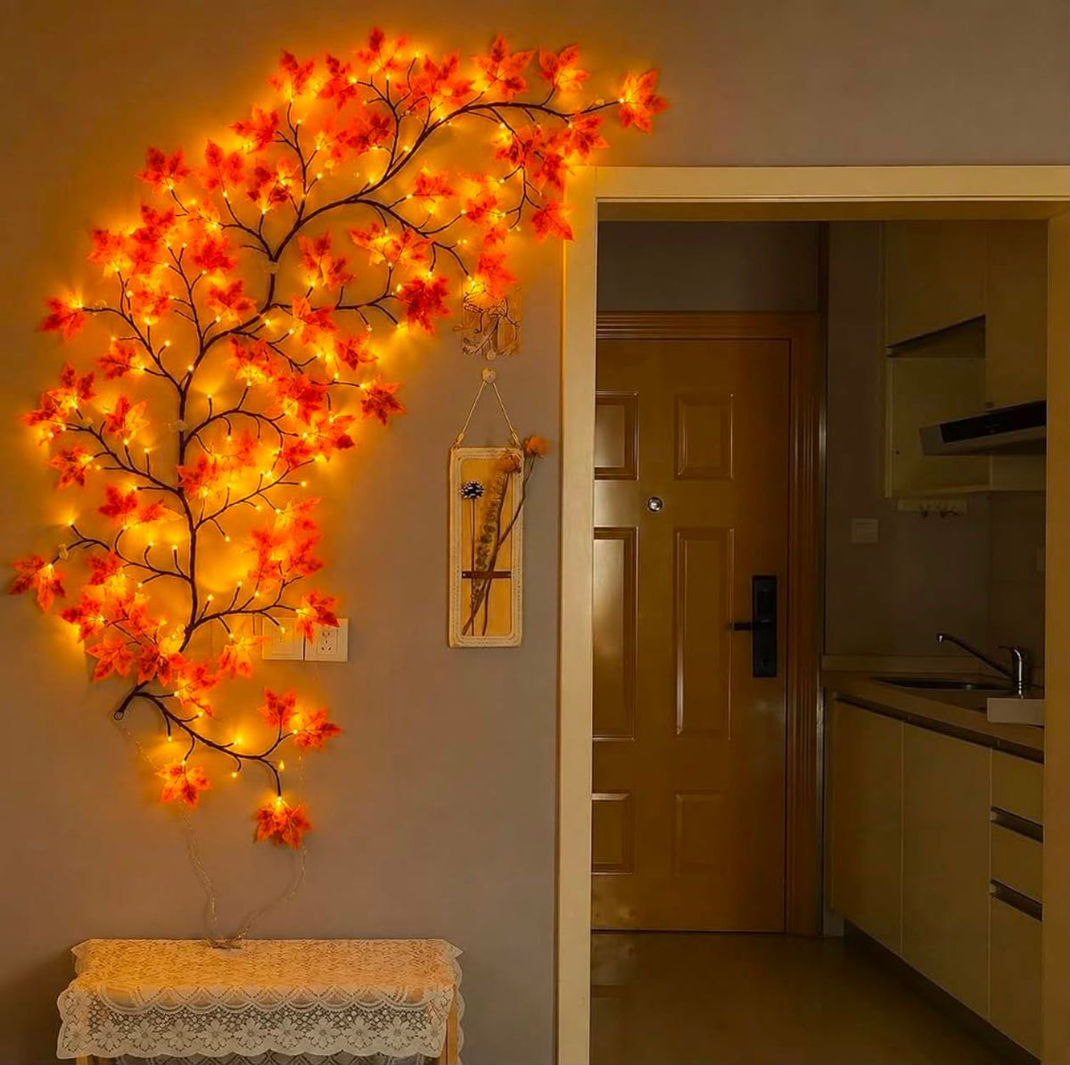Lighted Maple Leaf Tree Branch Wall Decor Lights – Warm White LED Artificial Vine Fairy Garland with Remote.