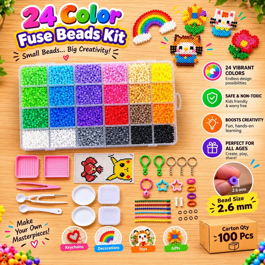 24 Color DIY Fuse Beads Craft Kit (2.6mm) – Complete Pixel Art & Melting Beads Set with Storage Box, Pegboards, Tweezers, Ironing Paper & Keychain Accessories.