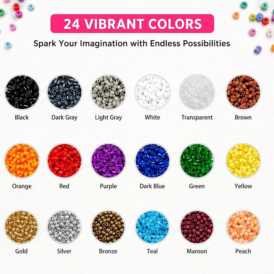 24 Color DIY Fuse Beads Craft Kit (2.6mm) – Complete Pixel Art & Melting Beads Set with Storage Box, Pegboards, Tweezers, Ironing Paper & Keychain Accessories.