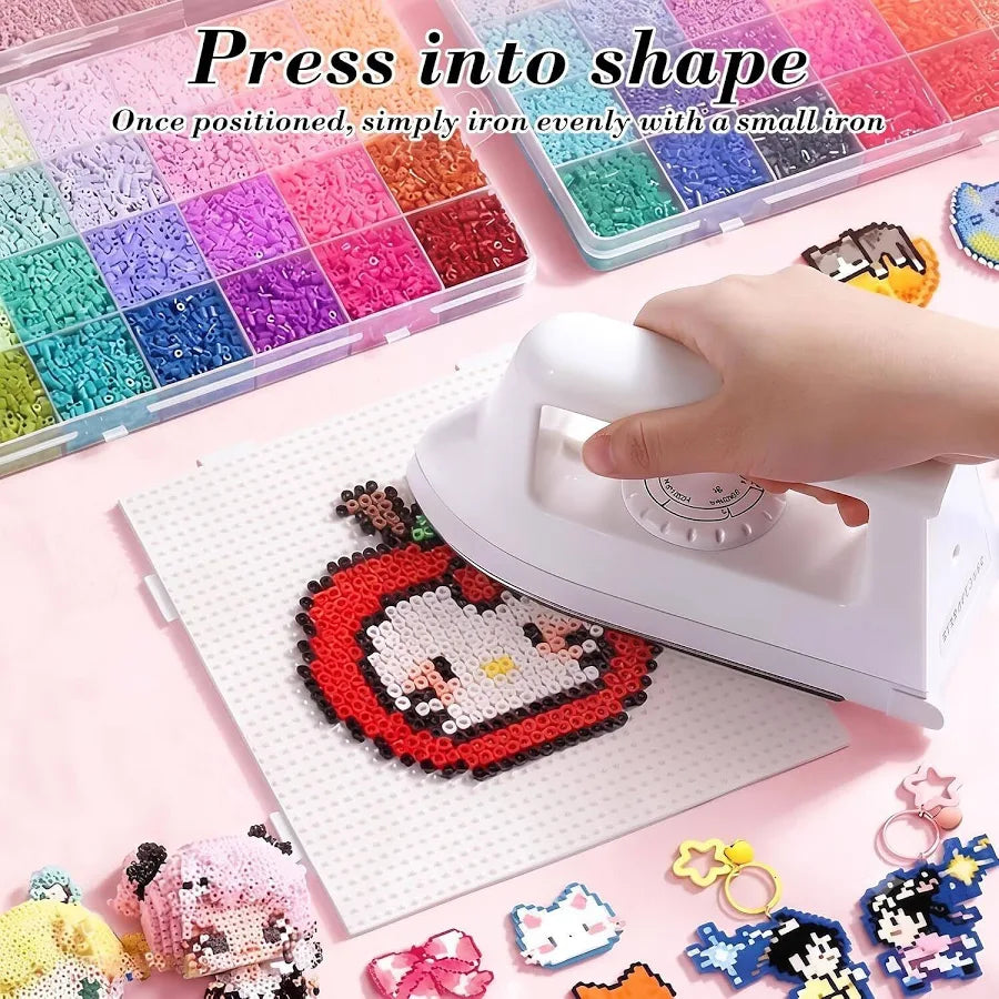 24 Color DIY Fuse Beads Craft Kit (2.6mm) – Complete Pixel Art & Melting Beads Set with Storage Box, Pegboards, Tweezers, Ironing Paper & Keychain Accessories.